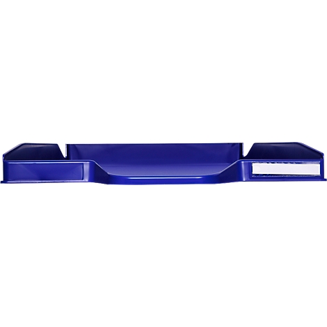Bac de rangement de bureau bleu. Il est rectangulaire avec un passage en forme de U et deux compartiments latéraux.
