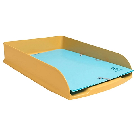 Plateau de bureau jaune avec plateau bleu, fond blanc.