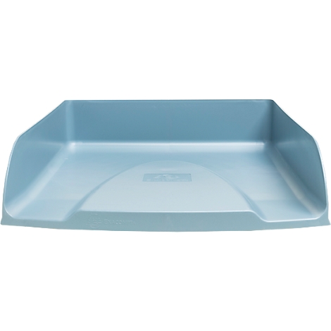 Bac bleu clair avec des côtés surélevés, de forme rectangulaire. Une surface légèrement incurvée est visible.