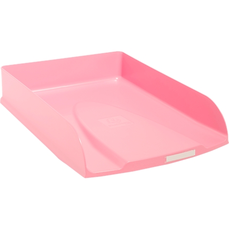 Bac à courrier rose, devant incliné, forme rectangulaire. Design minimaliste.