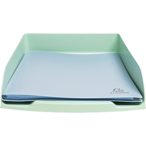 Bac de rangement vert clair avec papiers bleu clair. Sur une feuille, le texte EXACOMPTA.