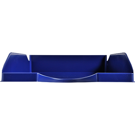 Organisateur de bureau bleu. Trois sections surélevées avec un devant arrondi.