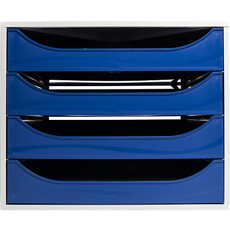 Bac à papier bleu avec quatre compartiments. Le cadre est blanc. Les compartiments sont incurvés et légèrement inclinés.