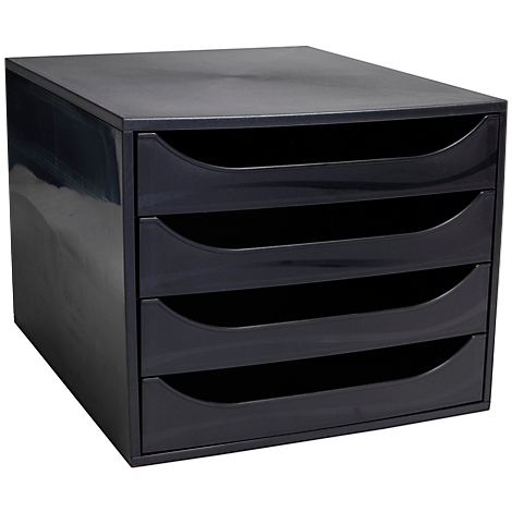Organisateur de documents noir avec quatre tiroirs. Chaque tiroir a une poignée en forme d'arc.