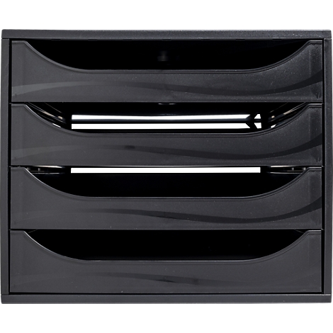 Organisateur de documents noir avec quatre tiroirs et poignées ondulées.