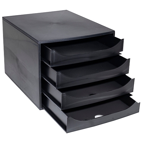 Organisateur de documents noir avec quatre tiroirs.