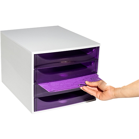 Boîte de rangement blanche avec trois tiroirs violets, une main tire un tiroir.