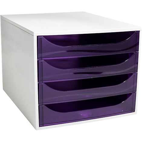 Organisateur de bureau blanc avec quatre tiroirs violets.