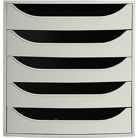 Classeur gris clair à cinq compartiments. Chaque compartiment a une ouverture arquée.