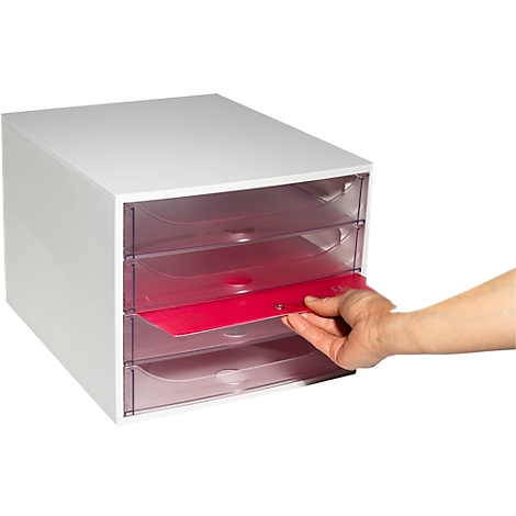 Wit archiefsysteem met drie laden, een lade wordt door een hand geopend.