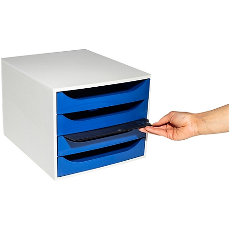 Witte plank met vier blauwe laden, een hand trekt een lade uit.