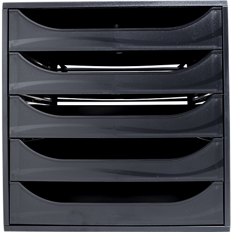 Zwarte documentenbak met 5 compartimenten. Witte vellen papier in één compartiment.