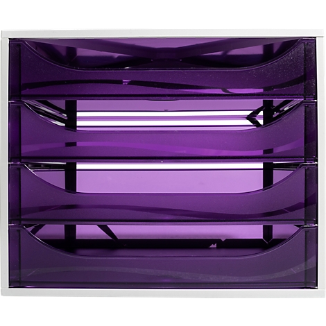 Vierlaags brievenbaksysteem met paarse, halfdoorzichtige lades in een wit frame.