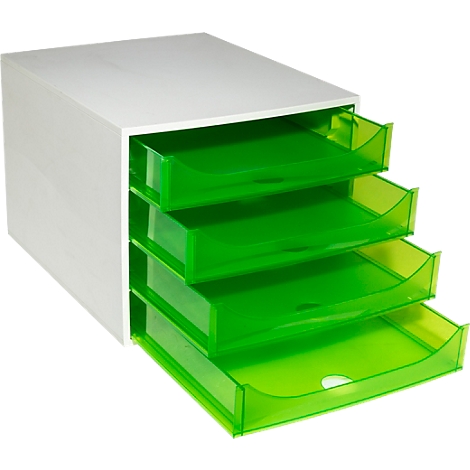 Weißer Büro-Organizer mit vier halbtransparenten, leuchtend grünen Schubladen vor weißem Hintergrund.