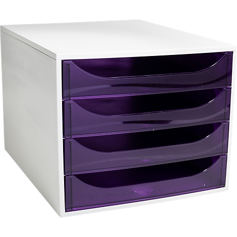 Weißer Schubladenblock mit vier transparent violetten Schubladen vor weißem Hintergrund.
