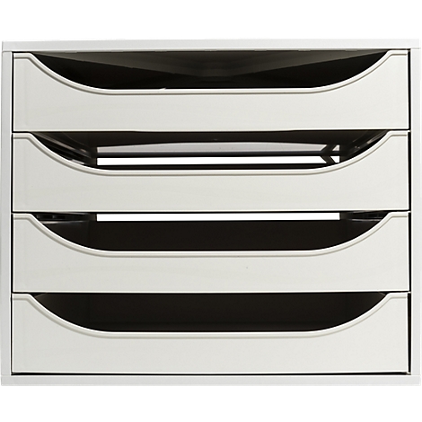 Hellgrauer Briefkorb mit vier Fächern. Jedes Fach hat eine elegante, geschwungene Form.