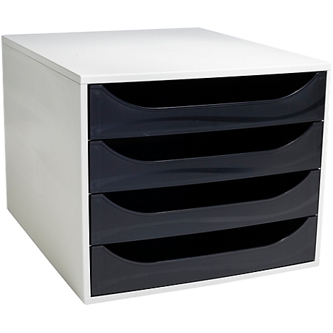 Weißes Ablagesystem mit vier dunklen Schubladen. Die Schubladen sind bogenförmig geformt.