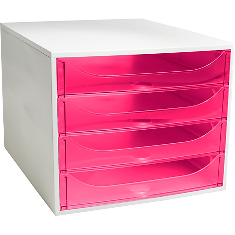 Weißes Schubladensystem mit vier pinkfarbenen Schubladen. Klare Linien, neutraler Hintergrund.