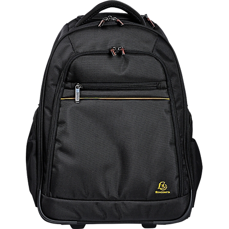 Schwarzer Rucksack mit Rollen und Griffen. Reißverschlüsse und goldene Akzente. Kleines Logo unten rechts.