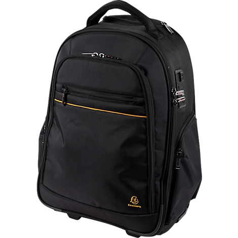 Schwarzer Laptop-Rucksack mit goldfarbener Linie und Reißverschlüssen, Griff oben.