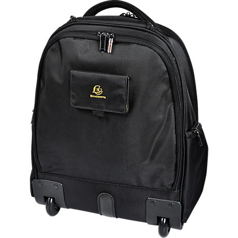 Schwarzer Trolley-Rucksack. Mit Rollen, Griff und mehreren Fächern.