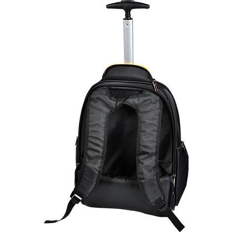 Schwarzer Rucksack mit ausziehbarem Griff und Rollen. Der Rucksack ist von hinten abgebildet.