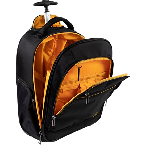 Schwarzer Rollrucksack mit gelbem Innenfutter, geöffnet mit verschiedenen Fächern und ausziehbarem Griff.