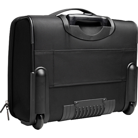 Schwarze Reisetasche mit Griff, Rollen und Reißverschluss.