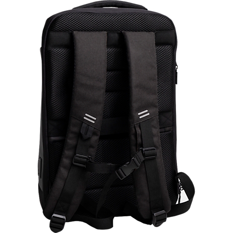 Schwarzer Rucksack von hinten. Gepolsterter Rücken und Träger. Reflektierende Streifen.