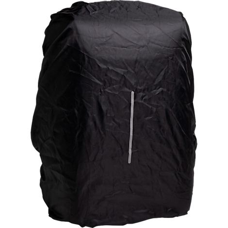 Schwarze Rucksack-Regenschutzhülle, mit vertikalem, grauem Reflektorstreifen in der Mitte.