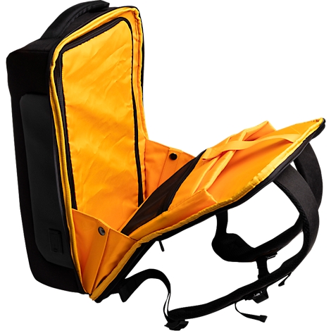 Schwarzer Rucksack mit gelber Innenauskleidung, offen. Schultergurte und Tragegriff sichtbar.