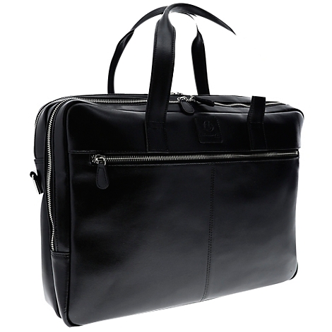 Schwarze Aktentasche aus Leder mit zwei Griffen und Reißverschlüssen.