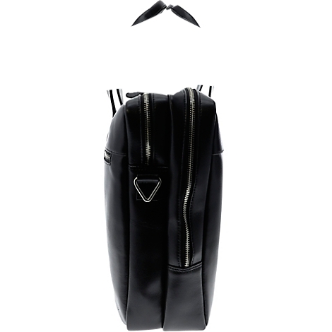 Schwarze Aktentasche, Seitenansicht. Zwei Reißverschlüsse, silberne Details, Henkel, Dreieck. Auf weißem Hintergrund.