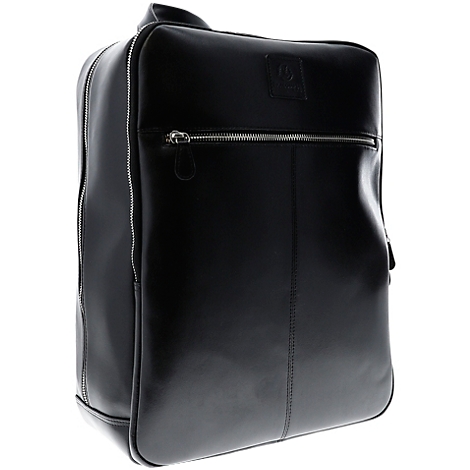 Schwarze Leder-Reisetasche mit silbernem Reißverschluss, rechteckiger Form und Henkel oben.