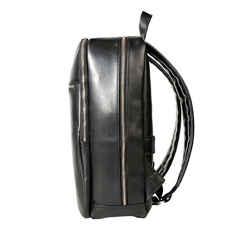 Schwarzer Lederrucksack, Seitenansicht. Zwei Reißverschlüsse und Tragegriff.