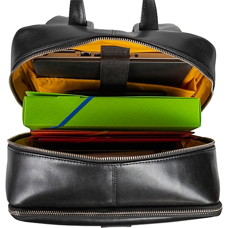 Schwarzer Rucksack, geöffnet, zeigt einen Laptop, Ordner und Papiere. Gelbes Innenfutter, Reißverschluss.