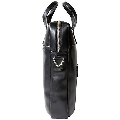 Schwarze Aktentasche, Seitenansicht. Sie hat einen Reißverschluss, Tragegriffe und einen Schulterriemenansatz.