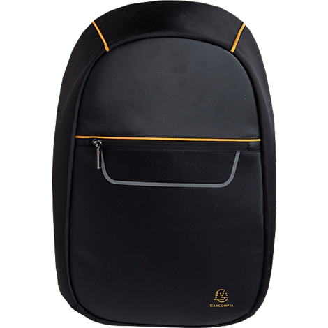 Schwarzer Rucksack mit gelben Akzenten und grauen Details. Auf der Vorderseite eine Reißverschlusstasche.