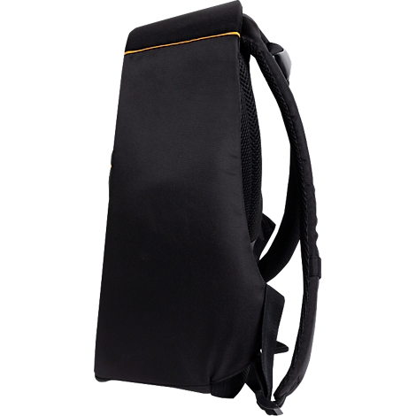 Schwarzer Rucksack mit gelbem Akzent am oberen Rand. Seitliche Ansicht mit Trageriemen und Rückenpolsterung.