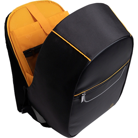 Schwarzer Rucksack mit gelbem Innenfutter, Reißverschluss und gelben Akzentlinien.