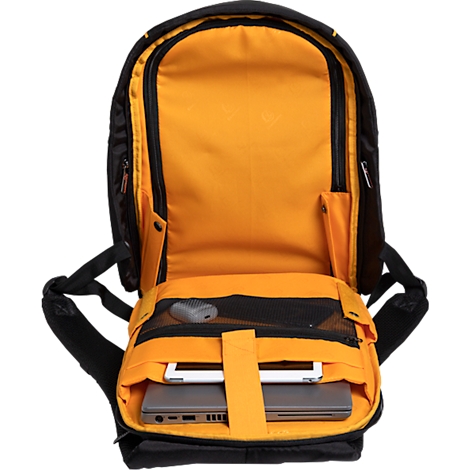 Schwarzer Rucksack, orangefarbenes Innenfutter. Laptop und Tablet im vorderen Fach.