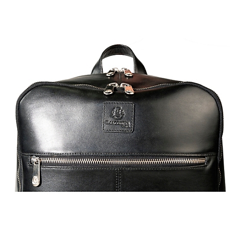 Sac à dos en cuir noir, détails : fermetures éclair, poignée, logo de la marque.
