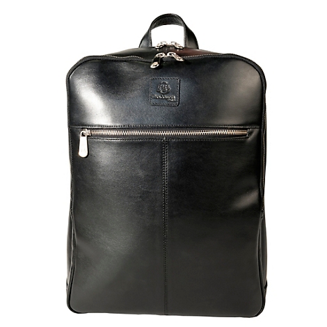Sac à dos en cuir noir, forme rectangulaire, poche zippée sur le devant, boucle de transport sur le dessus.