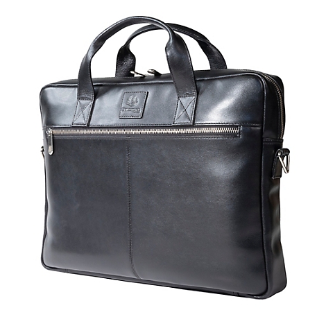 Mallette en cuir noir avec poignée et fermeture éclair. Il y a un logo sur le sac.