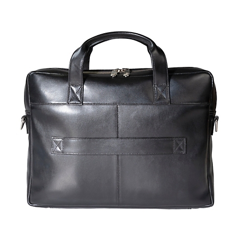 Mallette en cuir noir avec poignée, fermeture éclair et attache pour bandoulière. Forme rectangulaire, design classique.