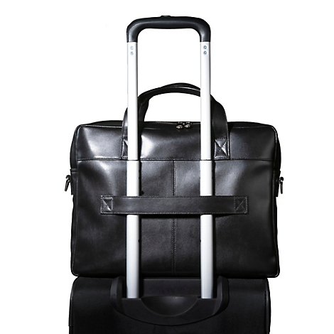 Mallette noire montée sur une valise à roulettes sur fond blanc. La poignée est étendue.