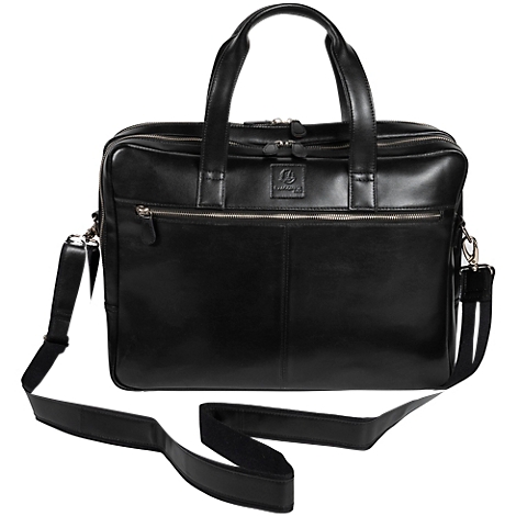 Mallette en cuir noir avec poignées et bandoulière. Il y a une poche zippée sur le devant.
