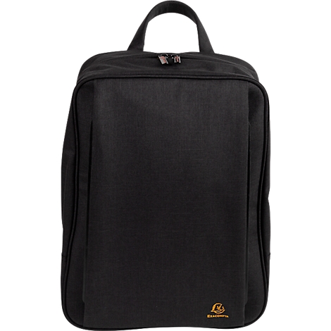 Schwarzer Rucksack mit Tragegriff und Reißverschlussfach. Logo unten rechts.