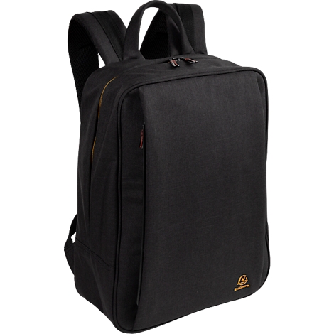 Schwarzer Rucksack mit zwei Trägern und Tragegriff. Reißverschluss, Logo auf der unteren rechten Seite.