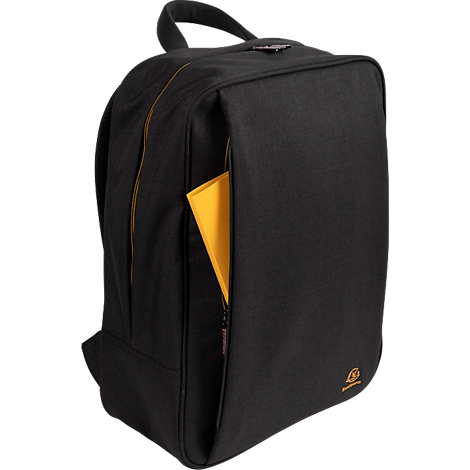 Schwarzer Rucksack, gelbe Akzente, Reißverschlussfach, gelbes Notizbuch.